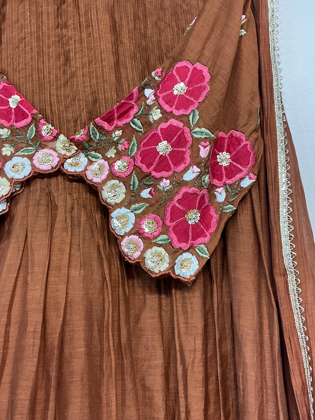 Mocha Brown & Green Mul Chanderi Suit