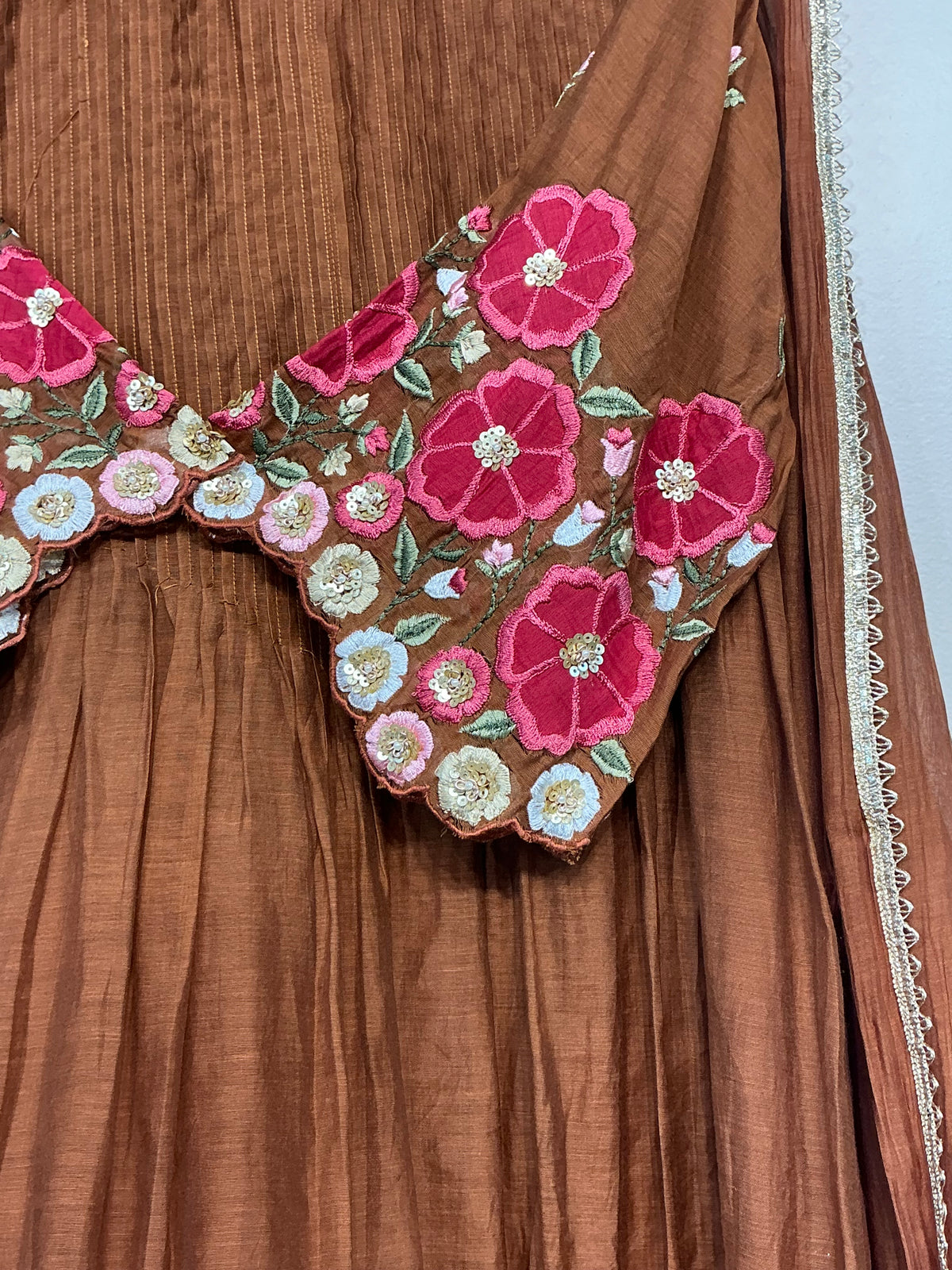 Mocha Brown & Green Mul Chanderi Suit