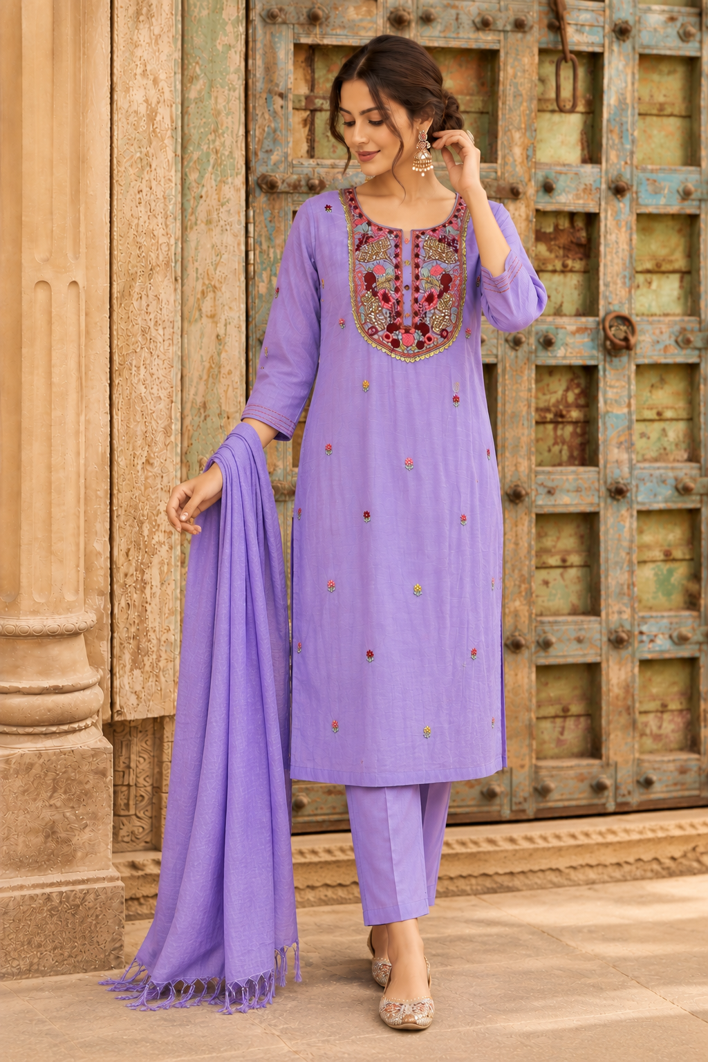 Lavender Bloom Kantha Embroidered Suit