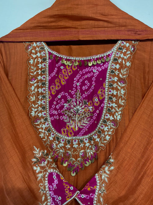Bandhej Amber & Green Mul Chanderi Suit