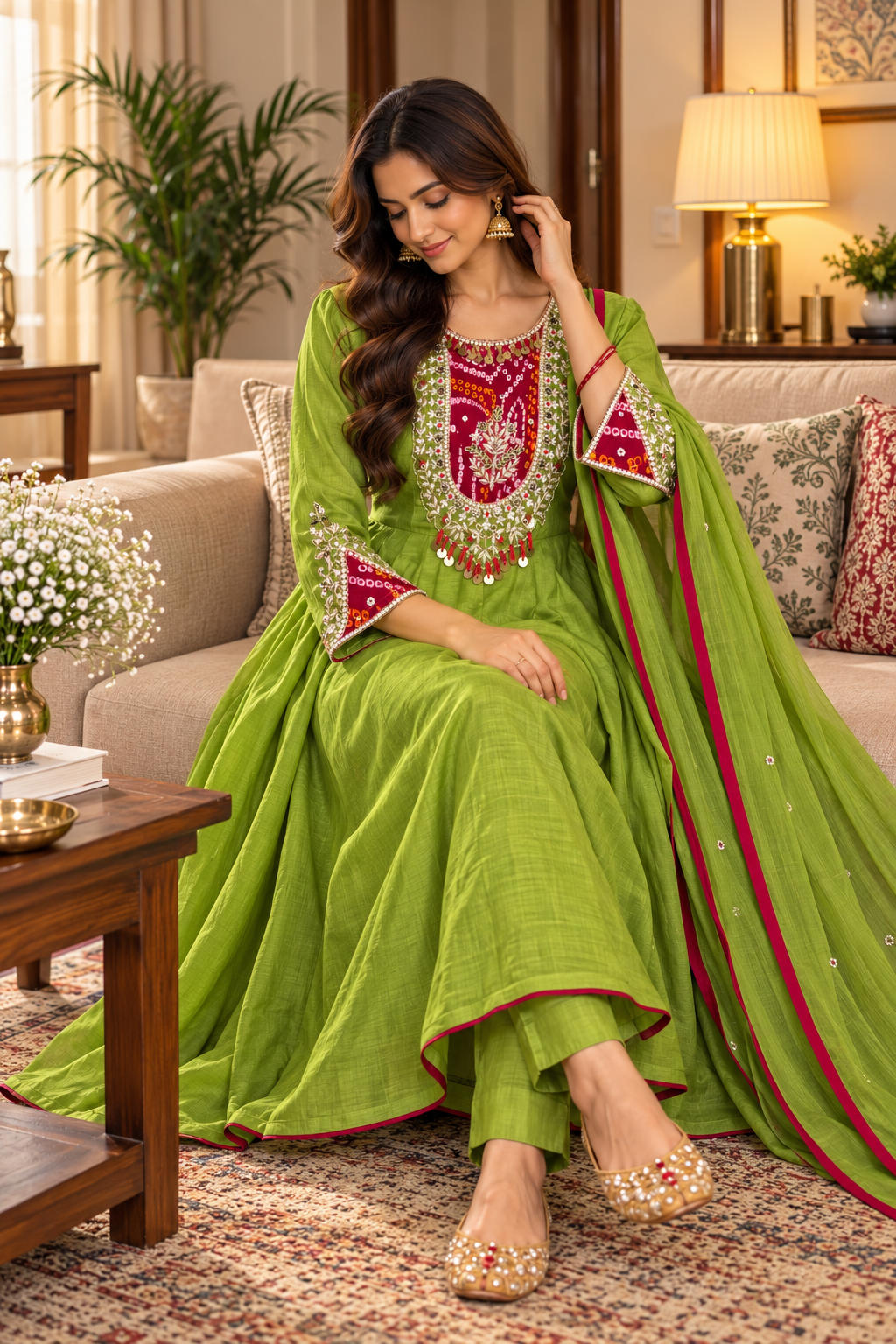 Bandhej Amber & Green Mul Chanderi Suit
