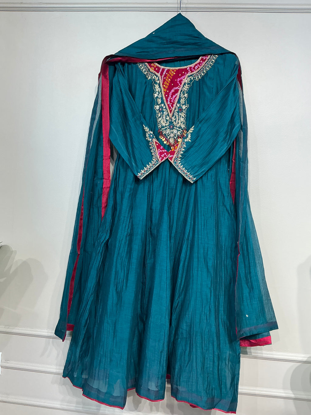 Bandhej Teal/ Amber Mul Chanderi Suit
