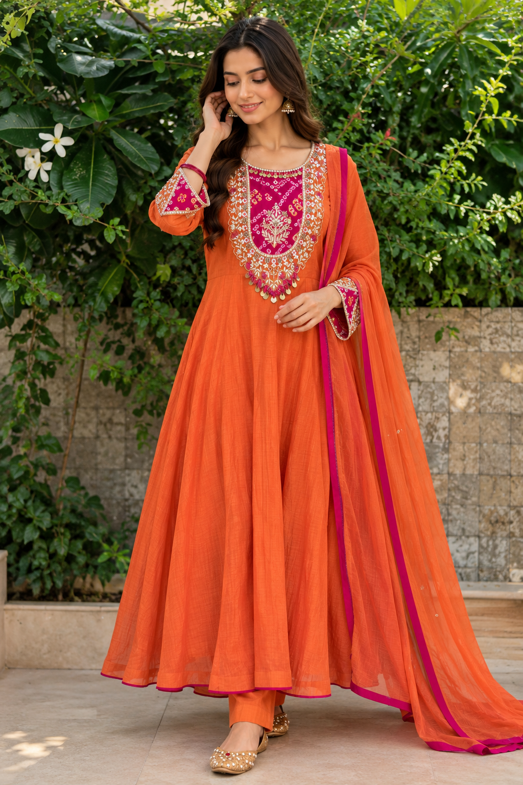 Bandhej Amber & Green Mul Chanderi Suit