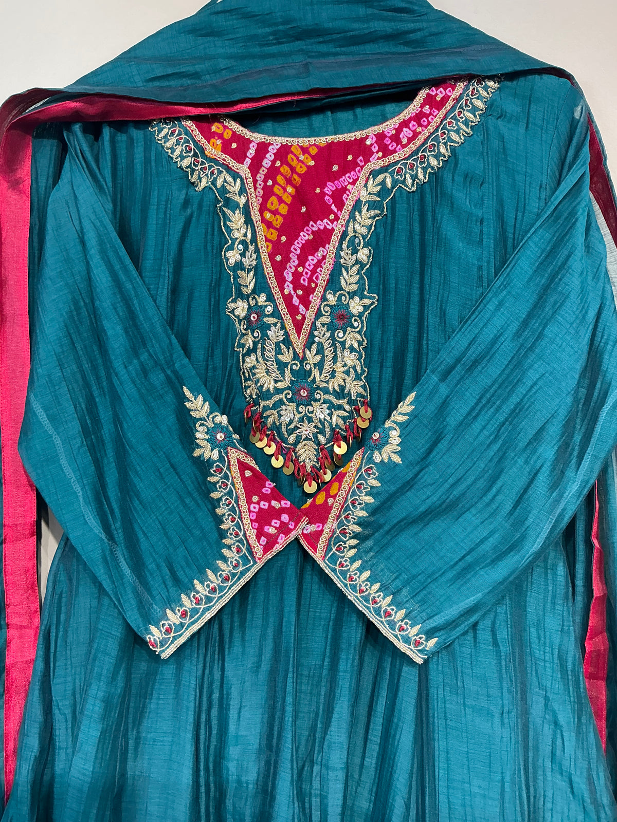 Bandhej Teal/ Amber Mul Chanderi Suit