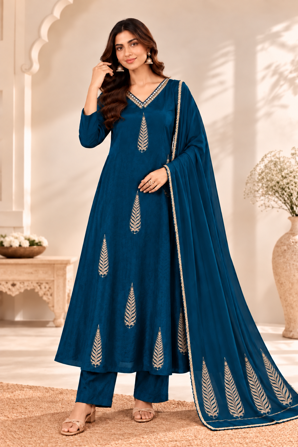 Teal Blue Leaf Embroidered Suit