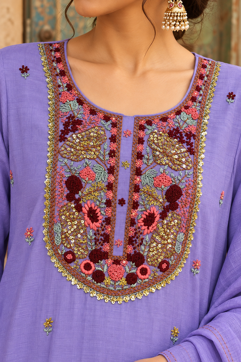Lavender Bloom Kantha Embroidered Suit
