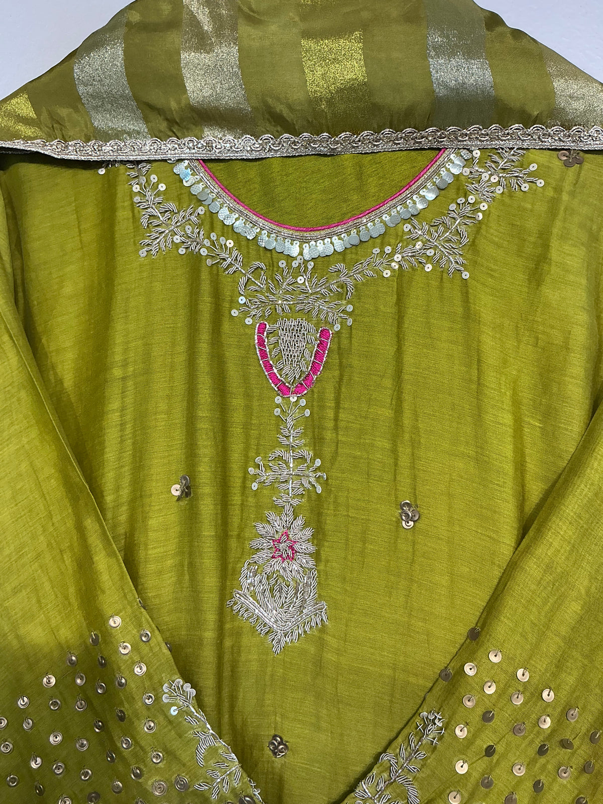 Mehandi Sequence Zardozi Mul Chanderi Suit