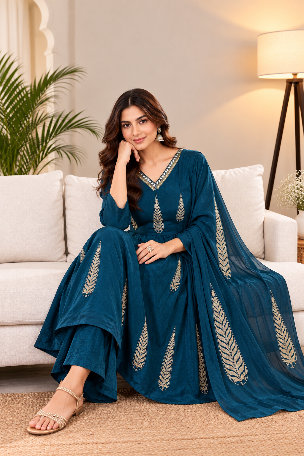 Teal Blue Leaf Embroidered Suit