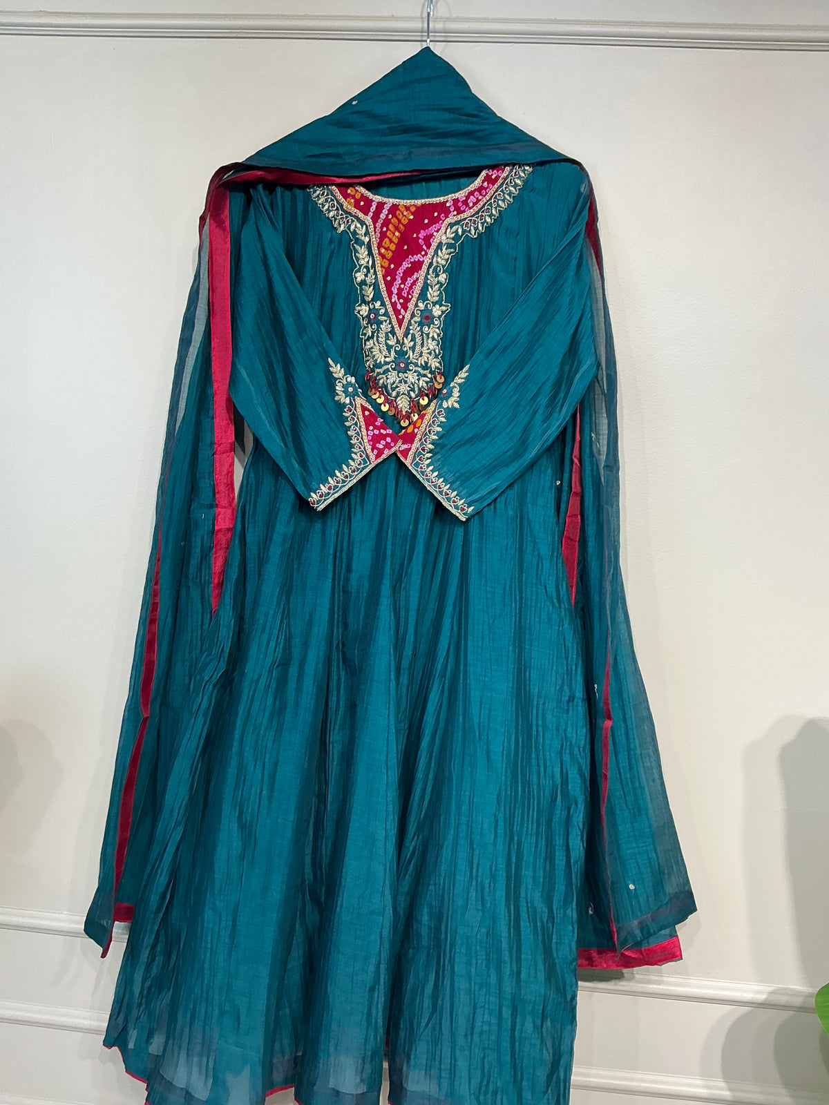 Bandhej Teal/ Amber Mul Chanderi Suit