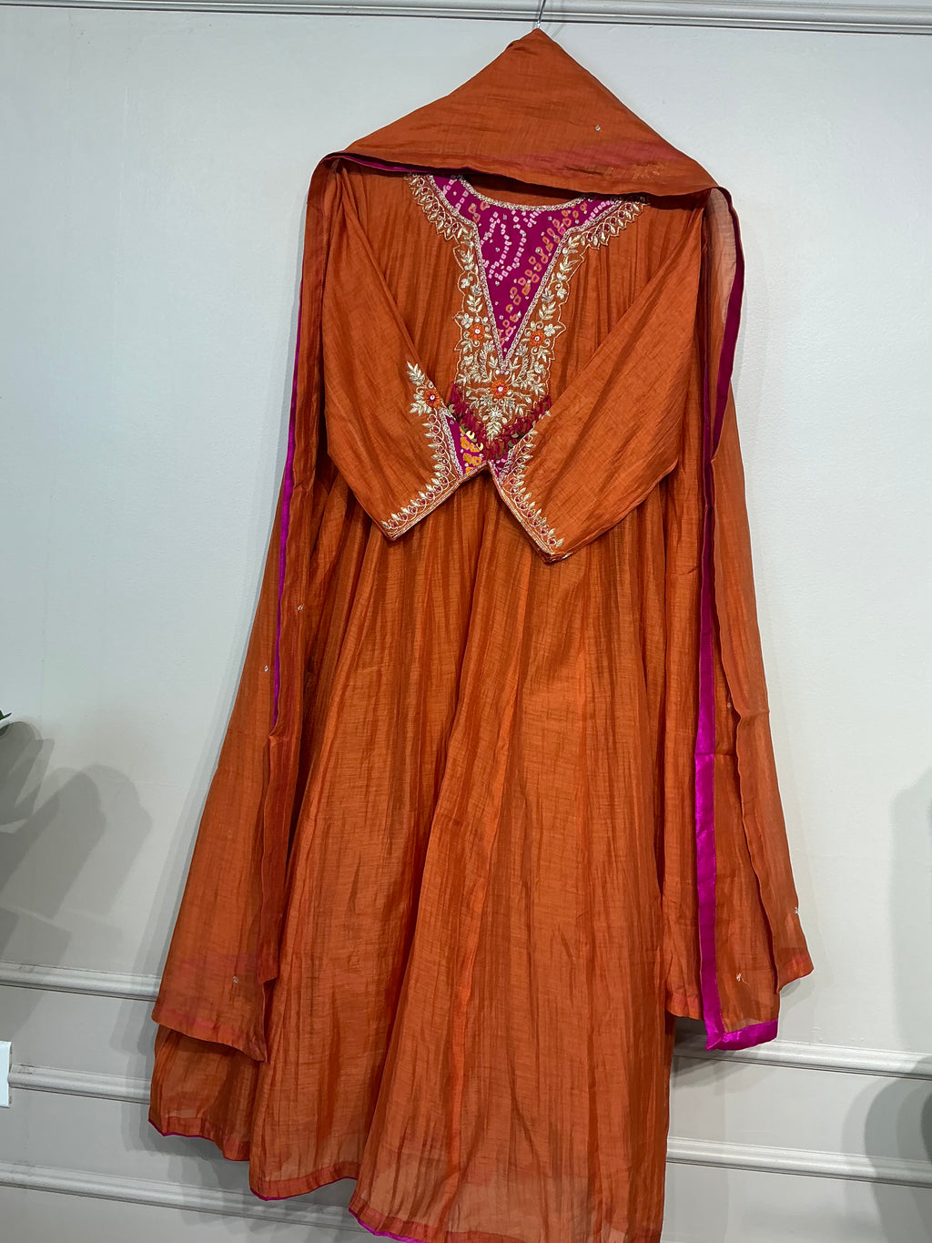 Bandhej Teal/ Amber Mul Chanderi Suit