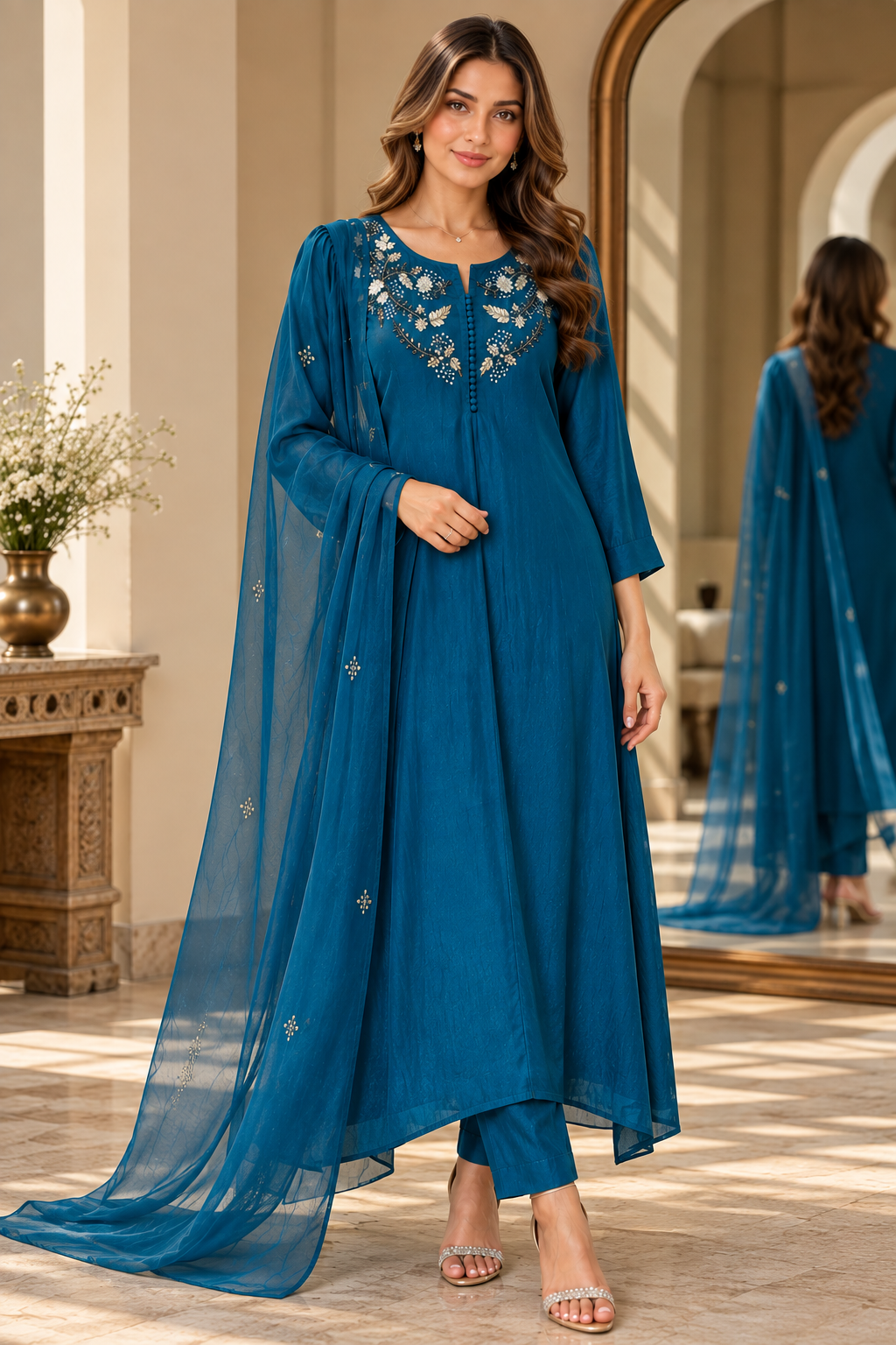 Teal Blue Chinon Designer Suit