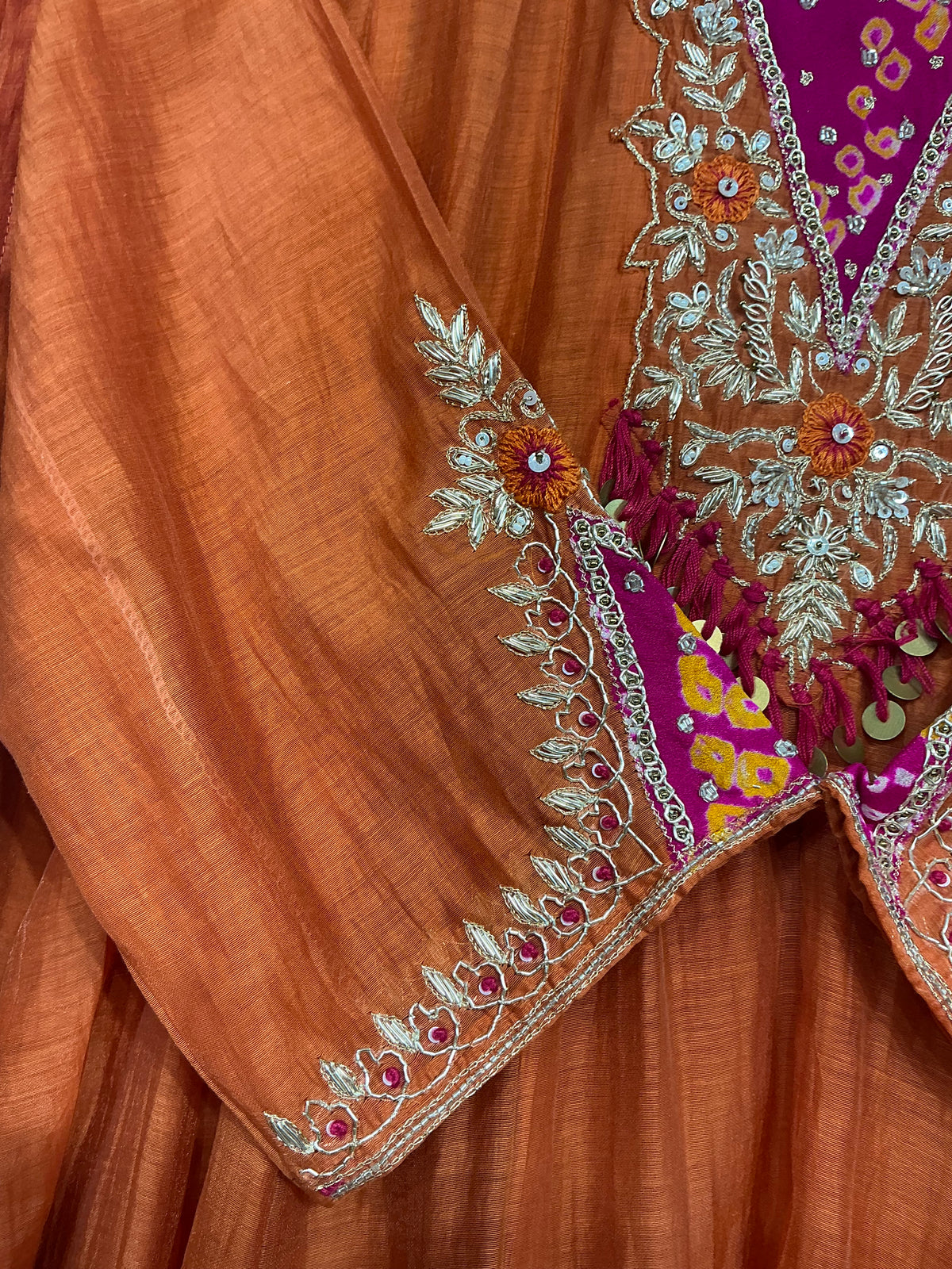 Bandhej Teal/ Amber Mul Chanderi Suit