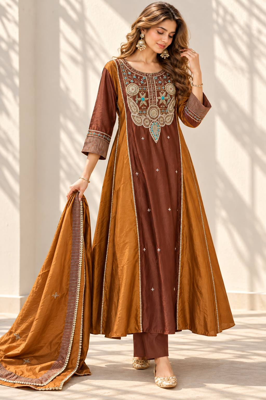 Kaarigari Brown Chanderi Silk   Suit