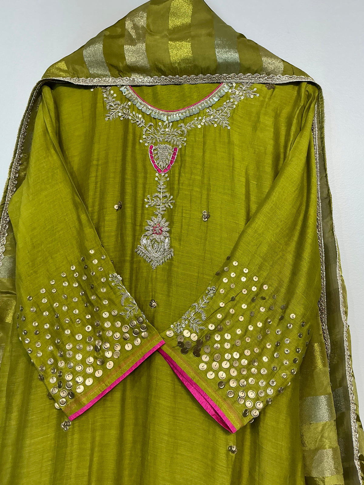 Mehandi Sequence Zardozi Mul Chanderi Suit