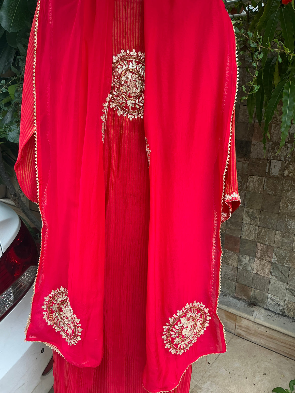 Red Gotta Zardozi Tissue Shimmer Suit