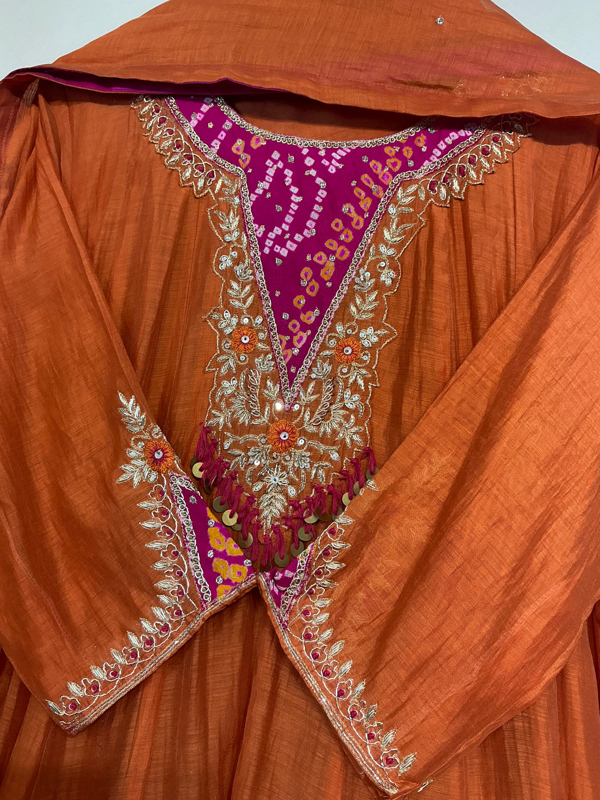 Bandhej Teal/ Amber Mul Chanderi Suit