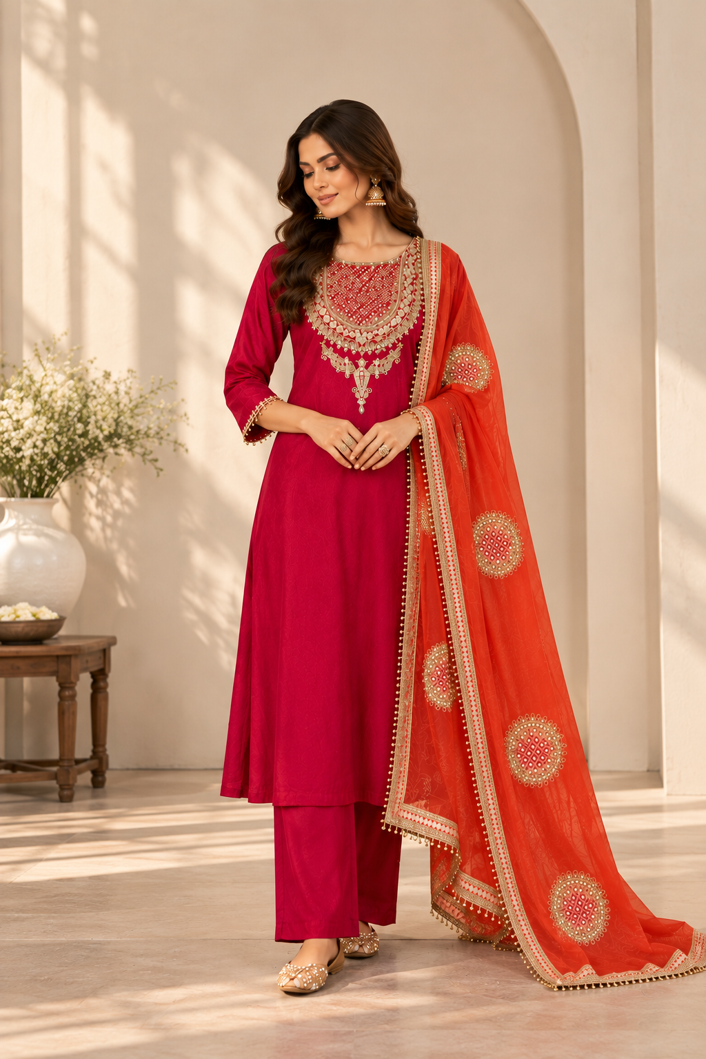 Red Zari Silk Suit