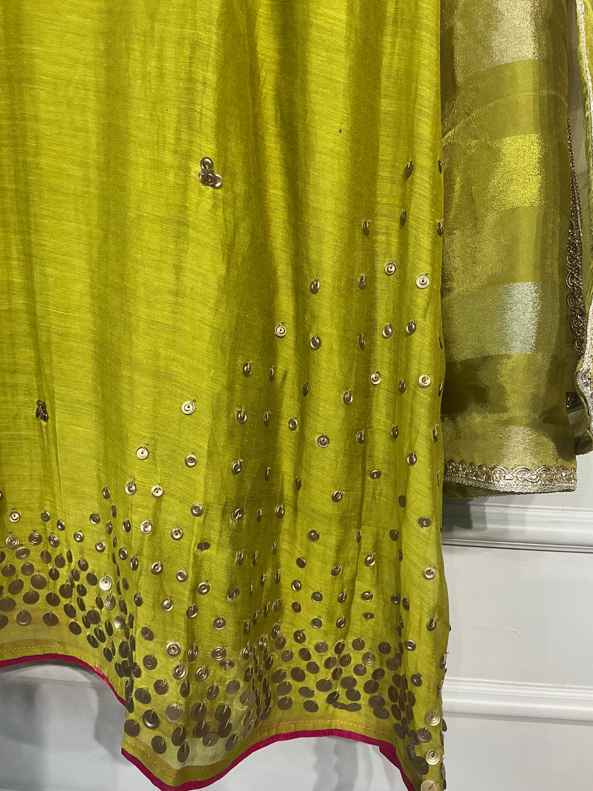 Mehandi Sequence Zardozi Mul Chanderi Suit