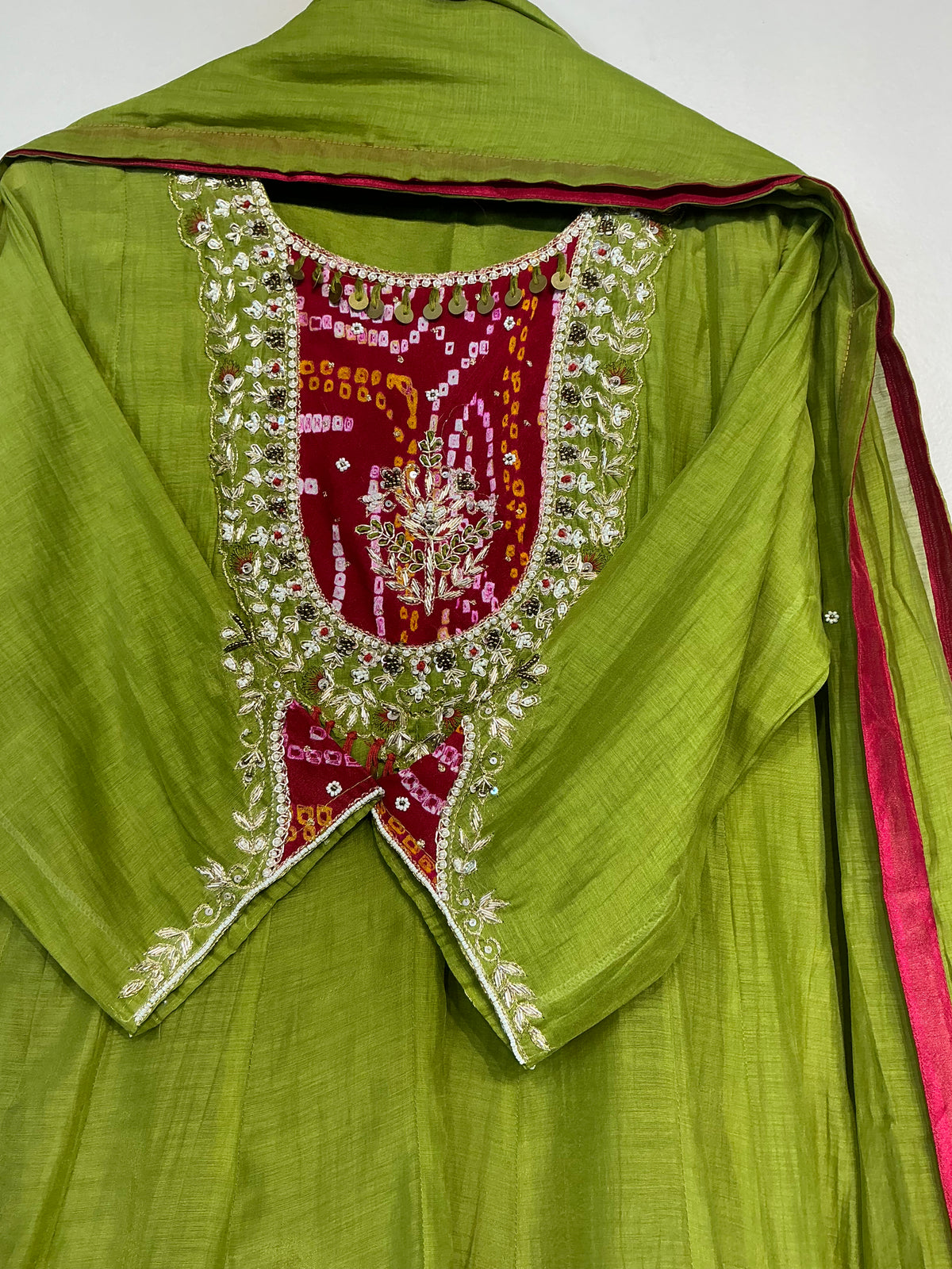 Bandhej Amber & Green Mul Chanderi Suit