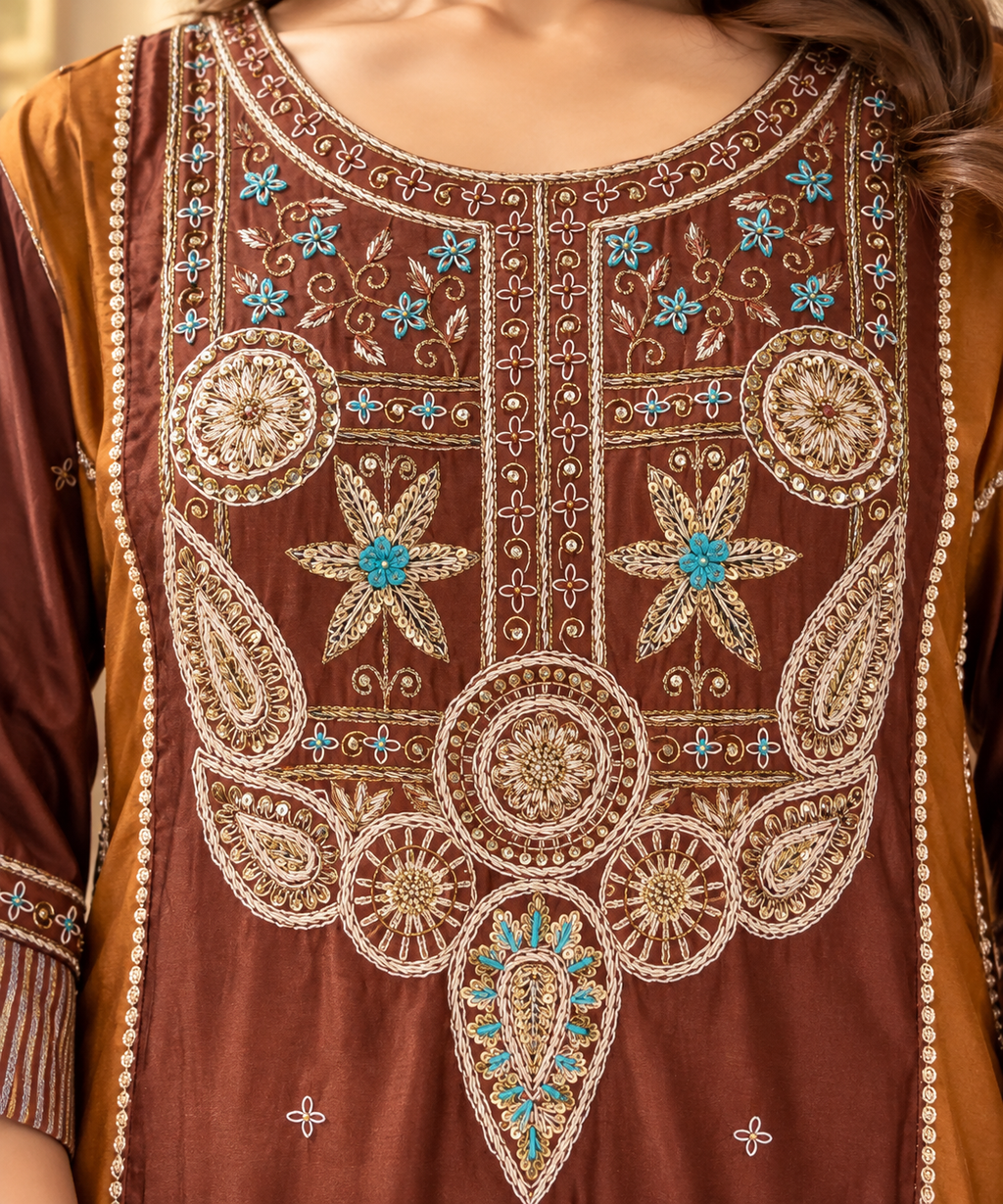 Kaarigari Brown Chanderi Silk   Suit