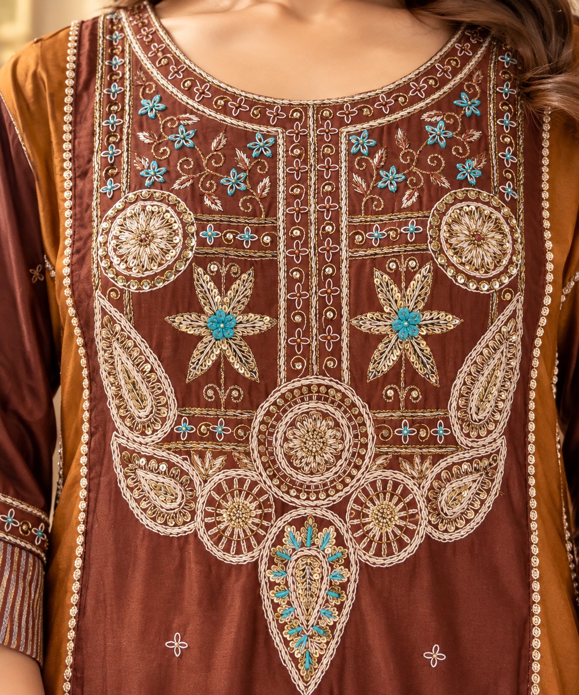 Kaarigari Brown Chanderi Silk   Suit