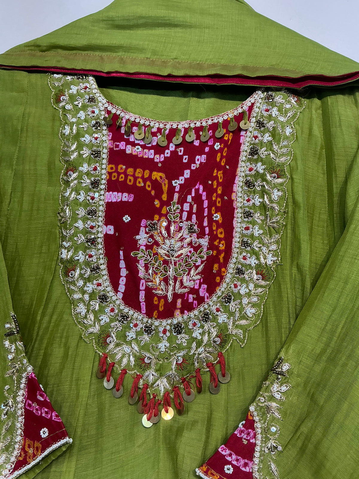 Bandhej Amber & Green Mul Chanderi Suit