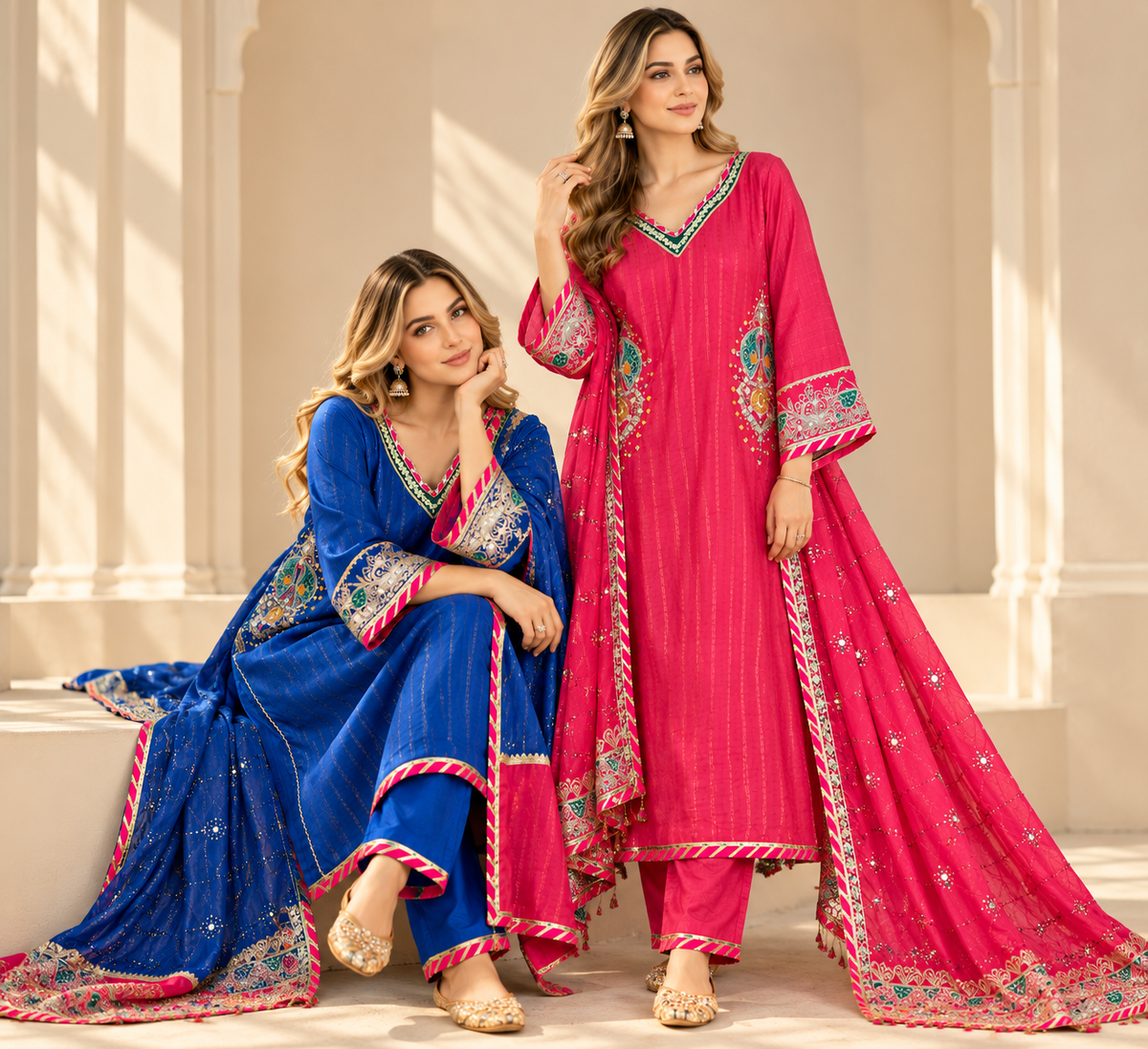 Blue & Pink Mul Chanderi Suit