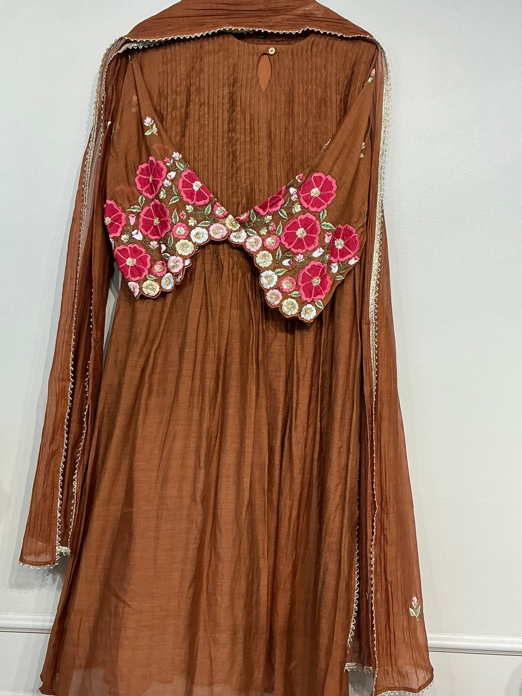 Mocha Brown & Green Mul Chanderi Suit