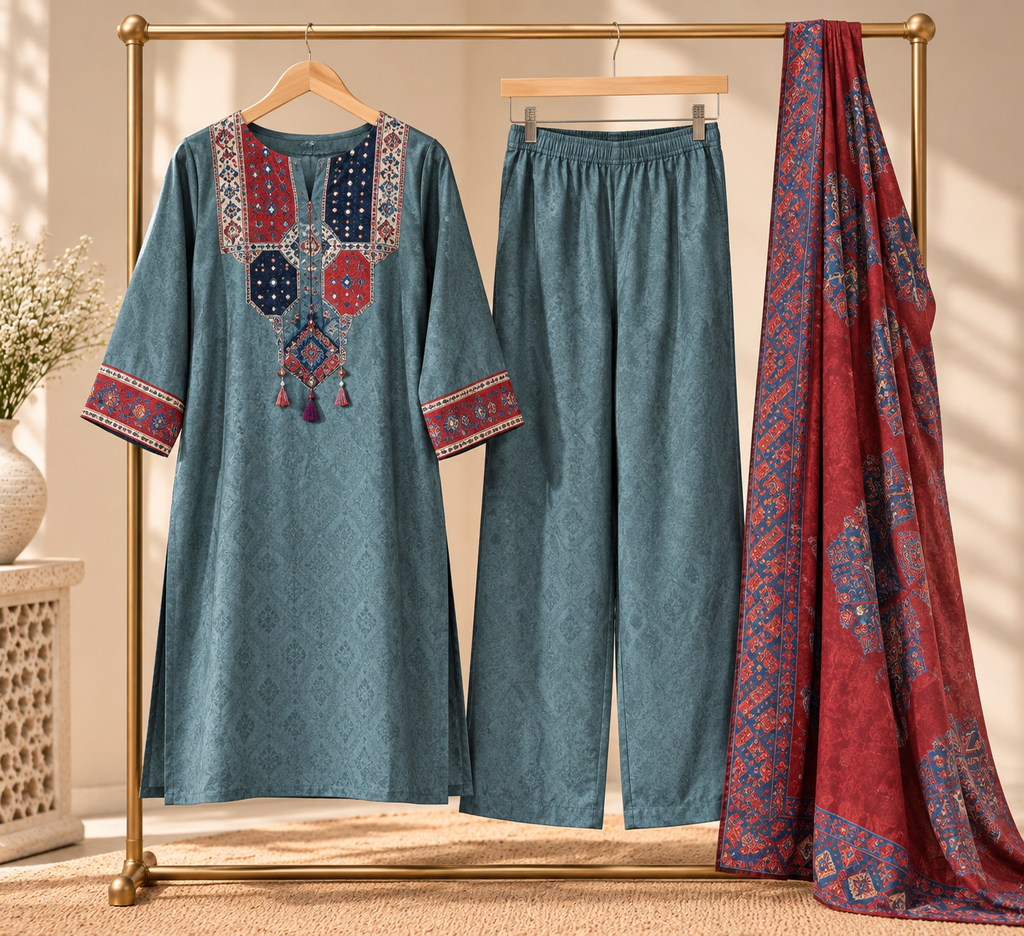 Teal Blue Ajrakh Maslin Suit