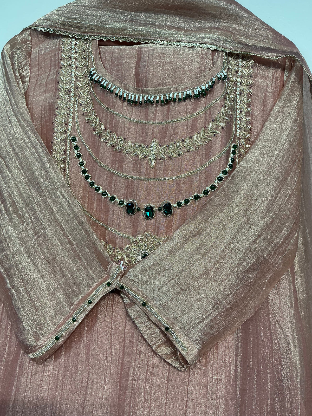 RAANI HAAR ROSE GOLD + SAGE GREEN CRUSH TISSUE SHIMMER SUIT