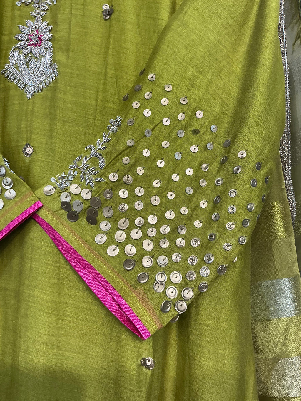 Mehandi Sequence Zardozi Mul Chanderi Suit