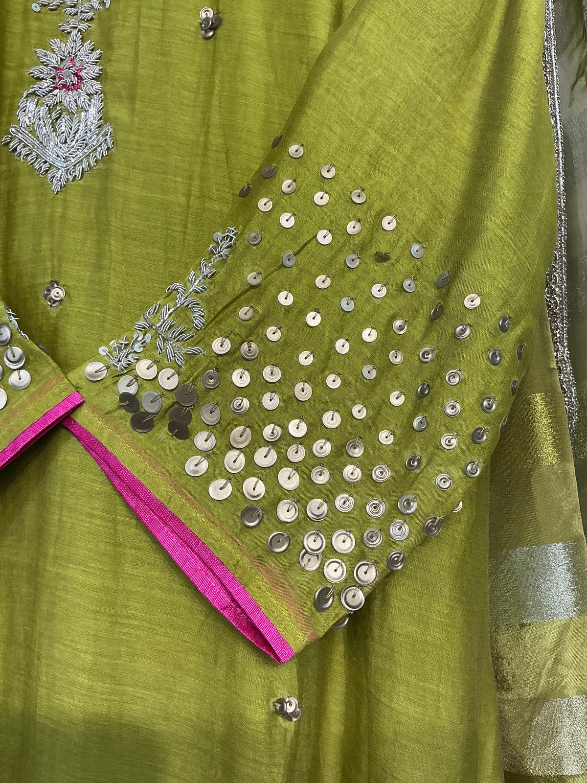 Mehandi Sequence Zardozi Mul Chanderi Suit