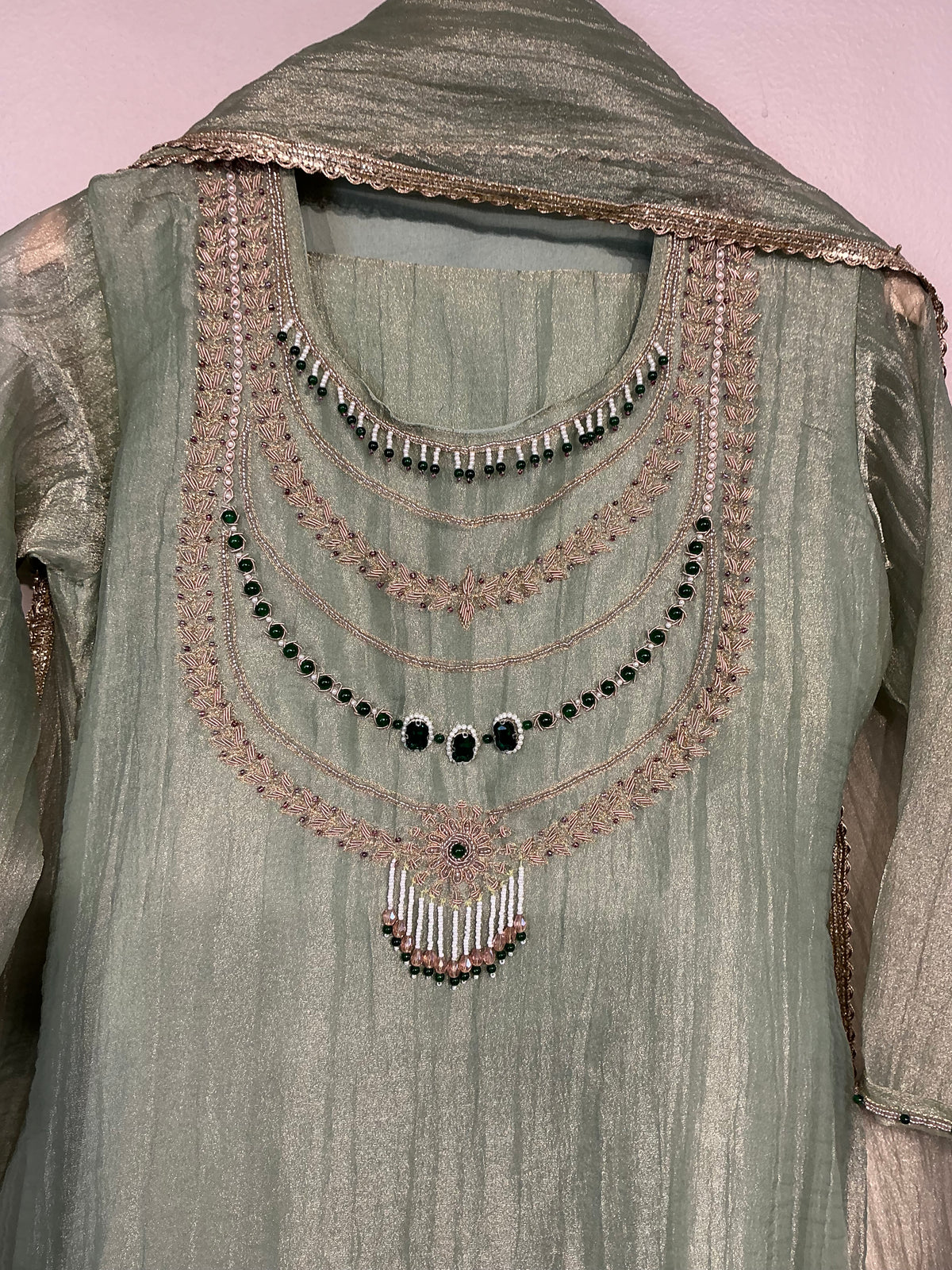 RAANI HAAR ROSE GOLD + SAGE GREEN CRUSH TISSUE SHIMMER SUIT