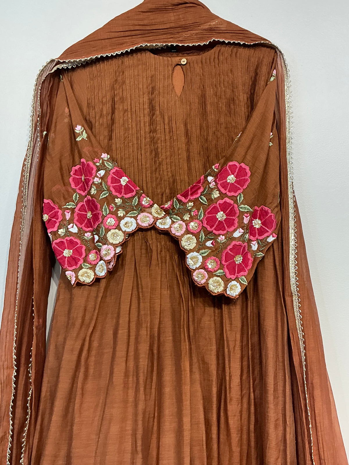 Mocha Brown & Green Mul Chanderi Suit