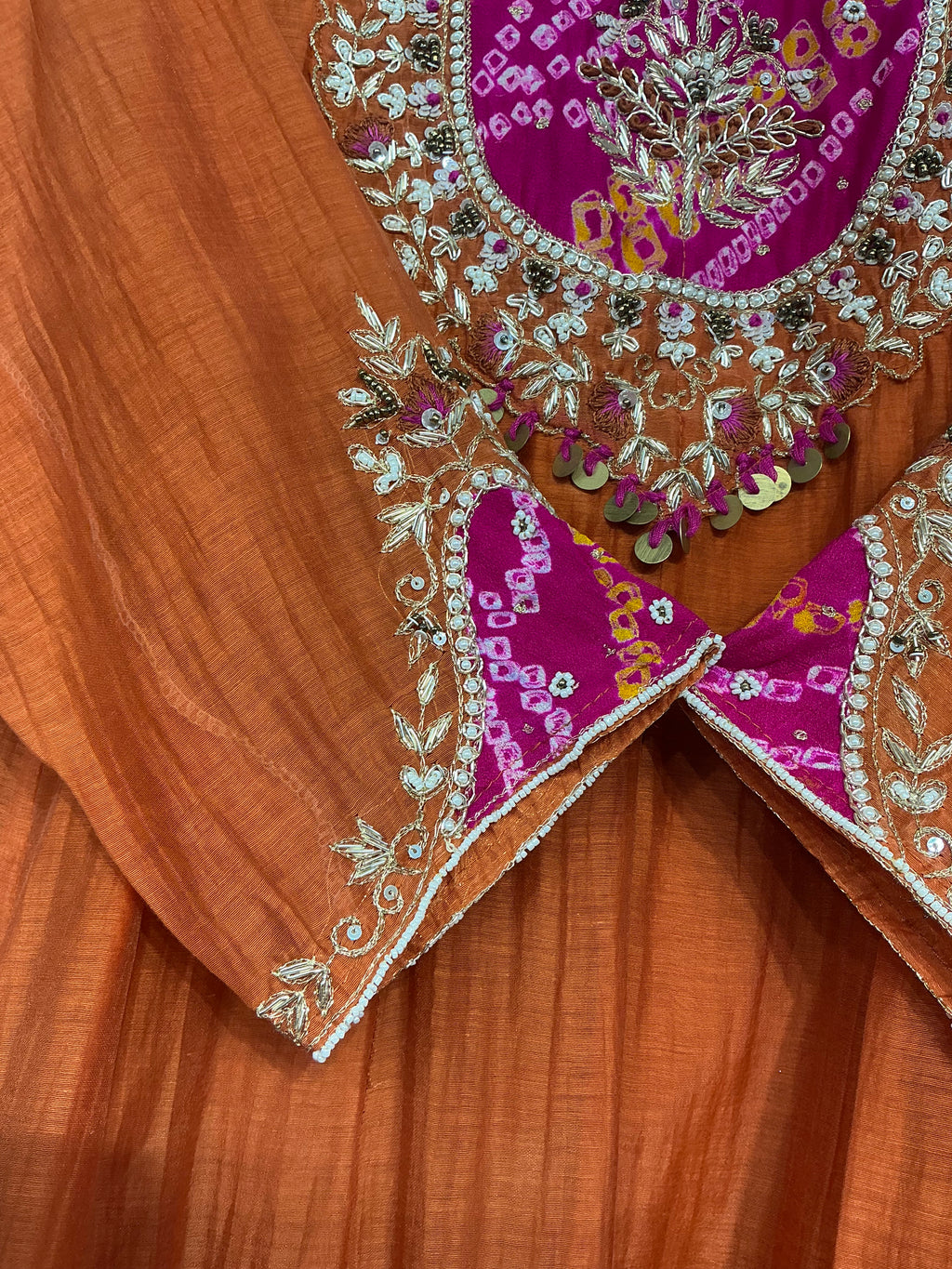 Bandhej Amber & Green Mul Chanderi Suit