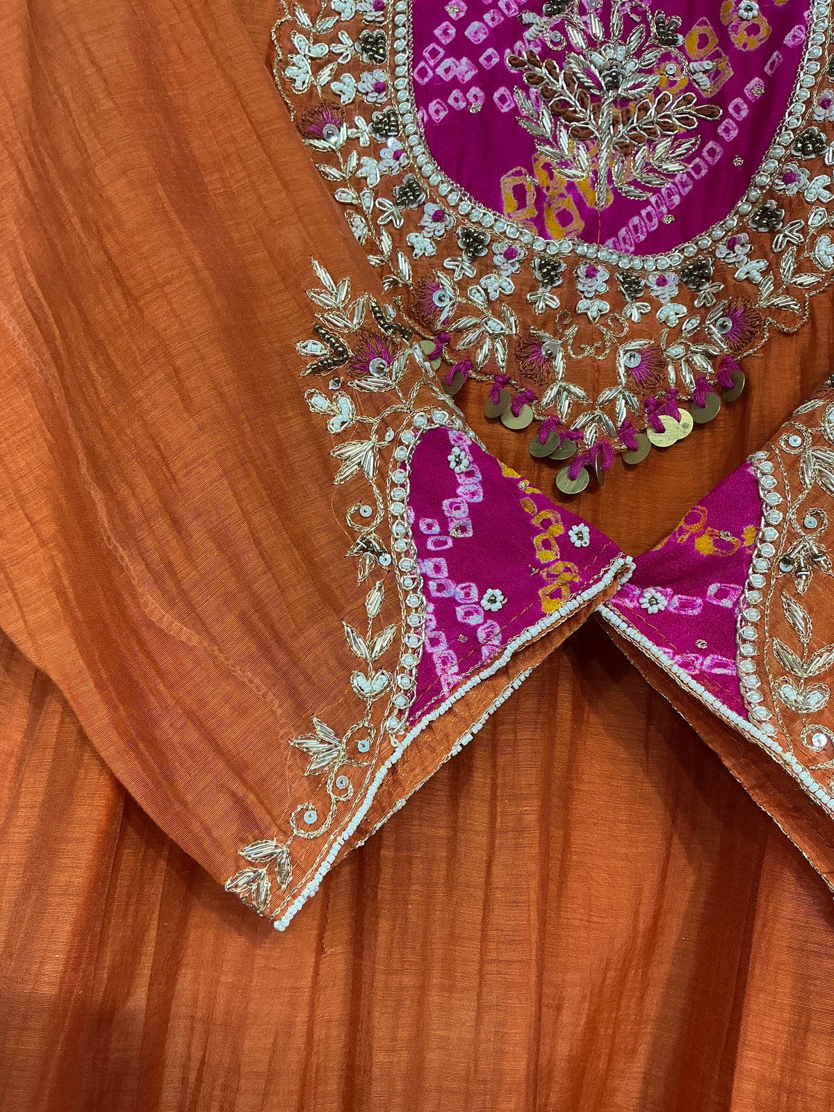 Bandhej Amber & Green Mul Chanderi Suit