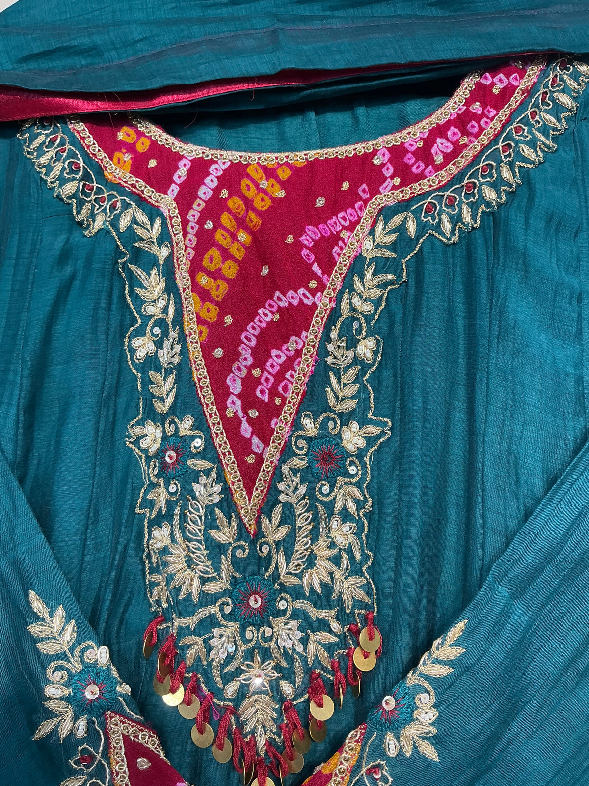 Bandhej Teal/ Amber Mul Chanderi Suit