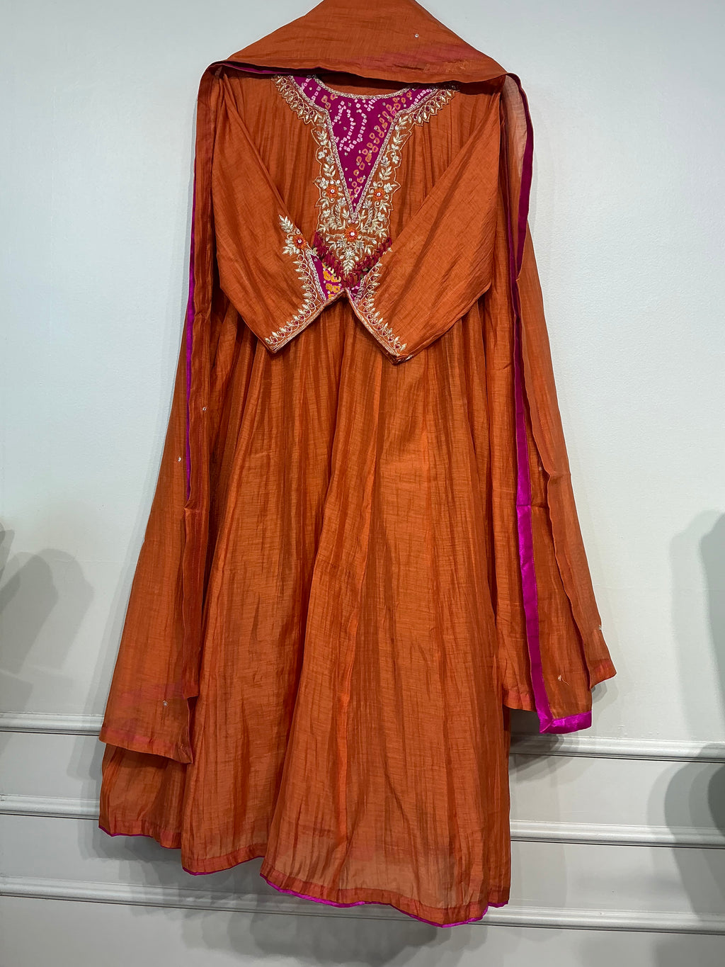 Bandhej Teal/ Amber Mul Chanderi Suit