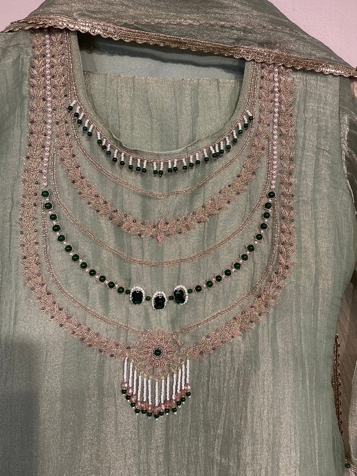 RAANI HAAR ROSE GOLD + SAGE GREEN CRUSH TISSUE SHIMMER SUIT