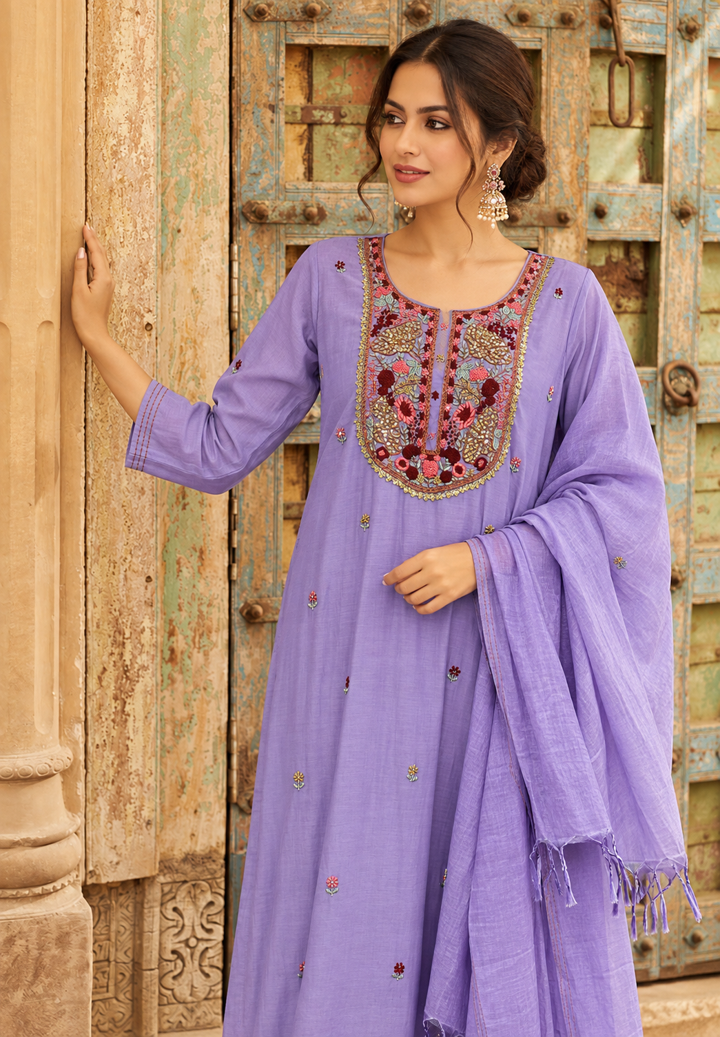 Lavender Bloom Kantha Embroidered Suit