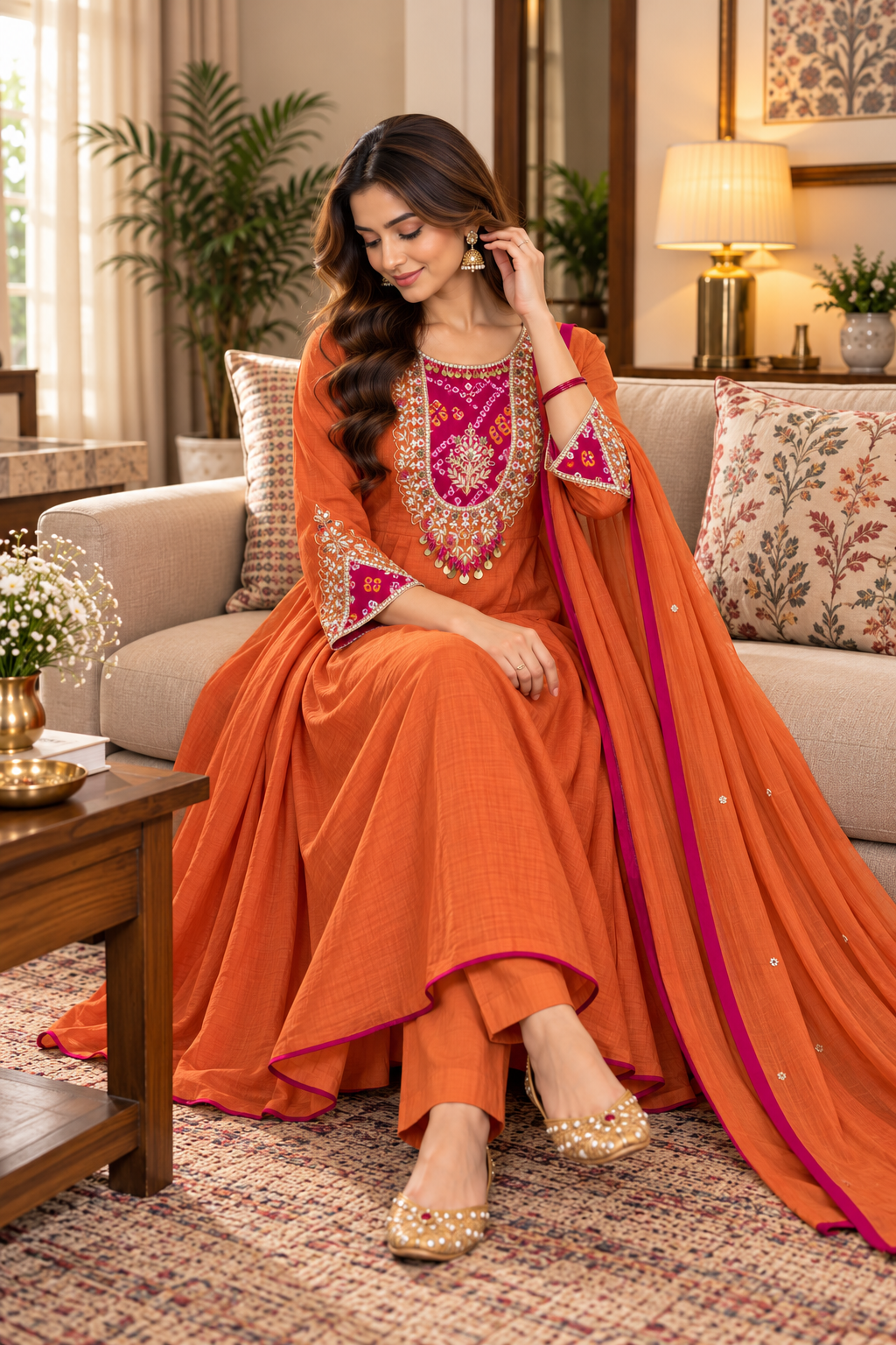 Bandhej Amber & Green Mul Chanderi Suit