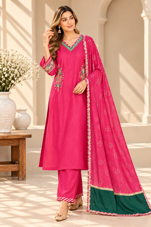 Blue & Pink Mul Chanderi Suit