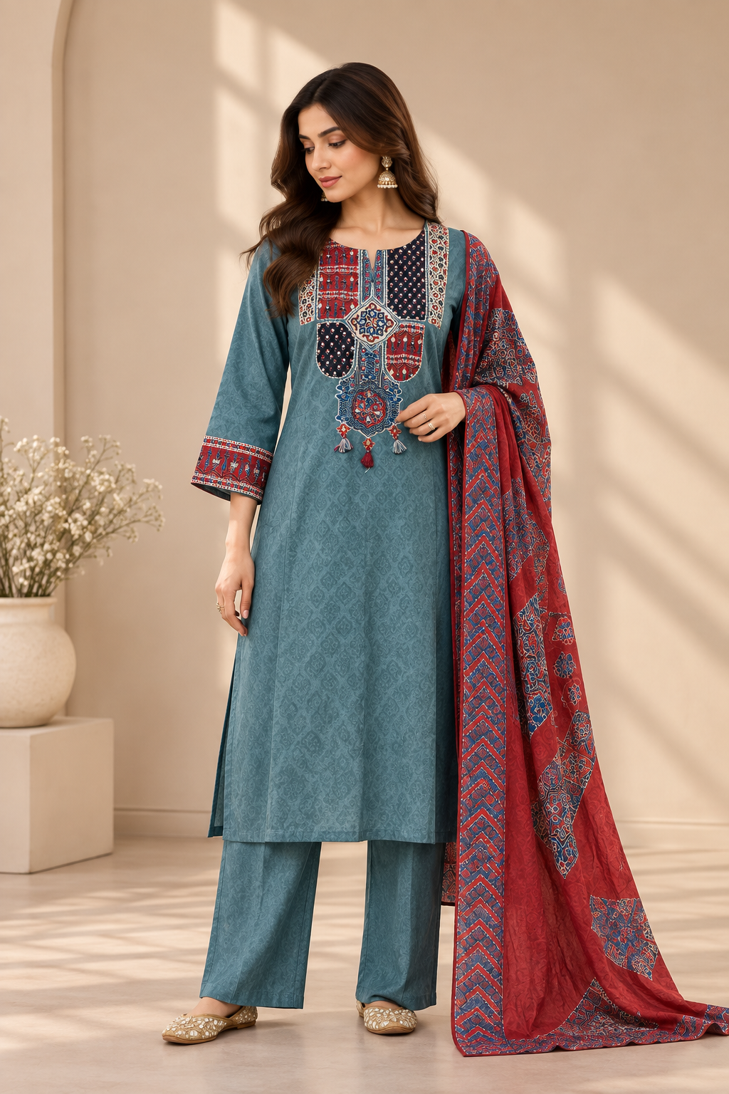 Teal Blue Ajrakh Maslin Suit