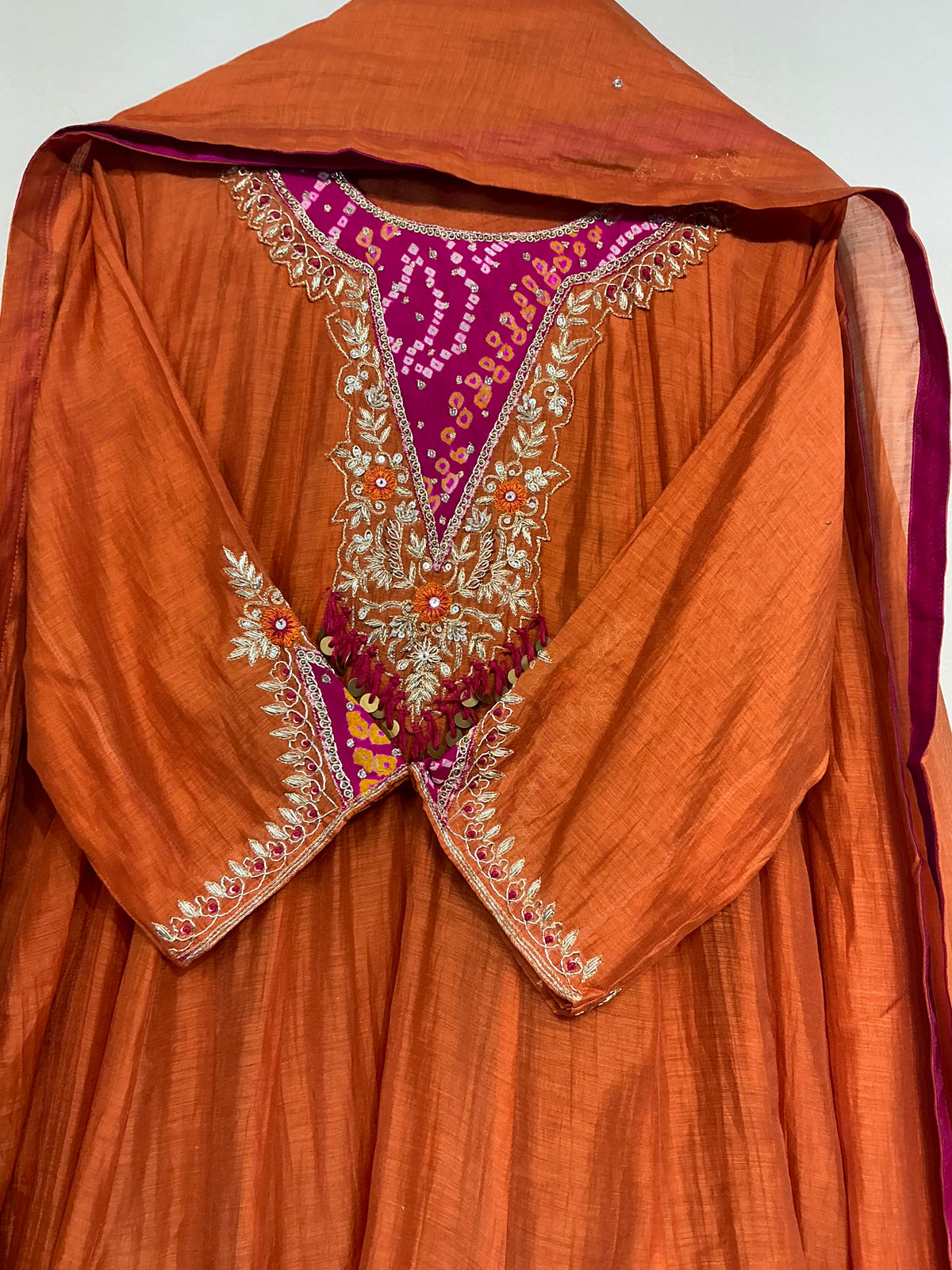 Bandhej Teal/ Amber Mul Chanderi Suit