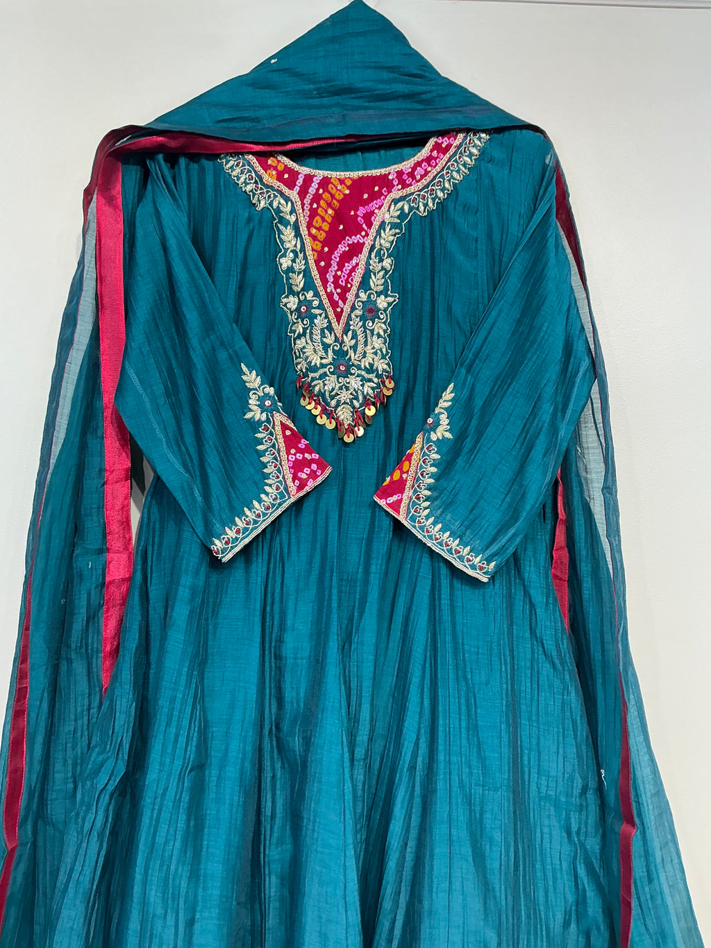 Bandhej Teal/ Amber Mul Chanderi Suit