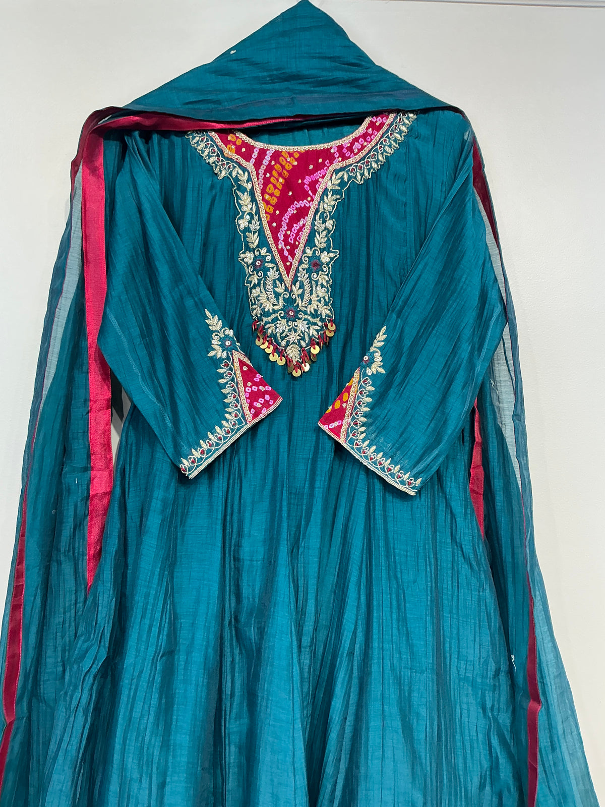 Bandhej Teal/ Amber Mul Chanderi Suit