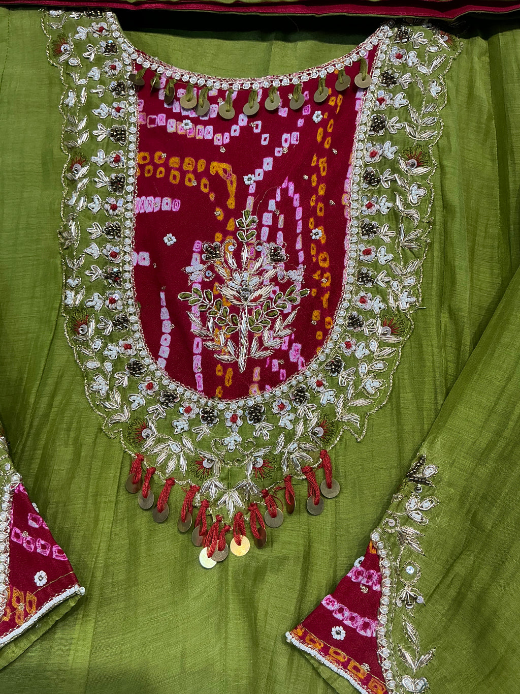 Bandhej Amber & Green Mul Chanderi Suit