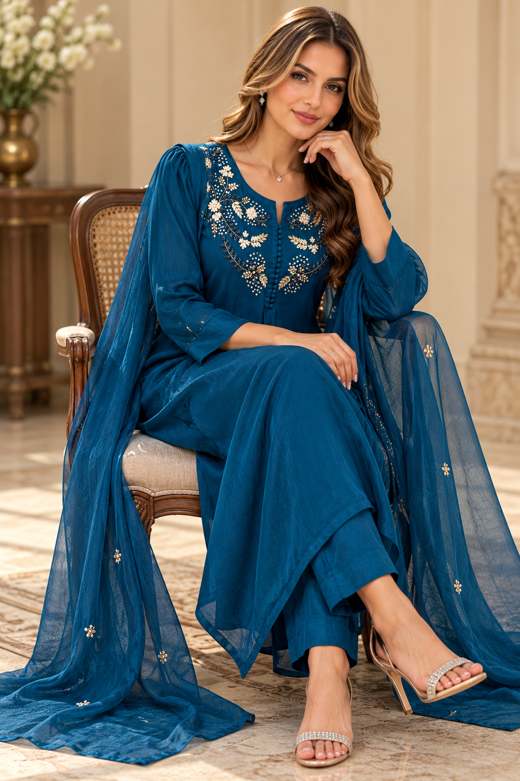 Teal Blue Chinon Designer Suit