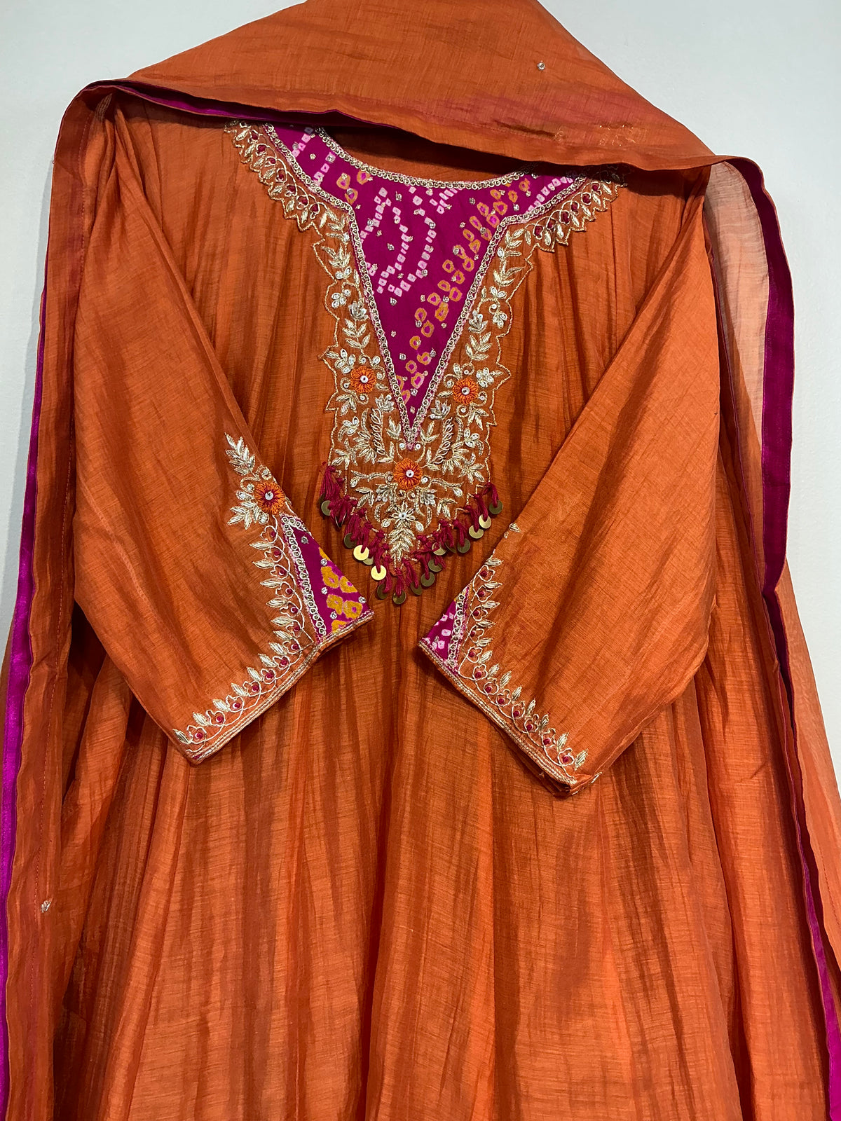 Bandhej Teal/ Amber Mul Chanderi Suit