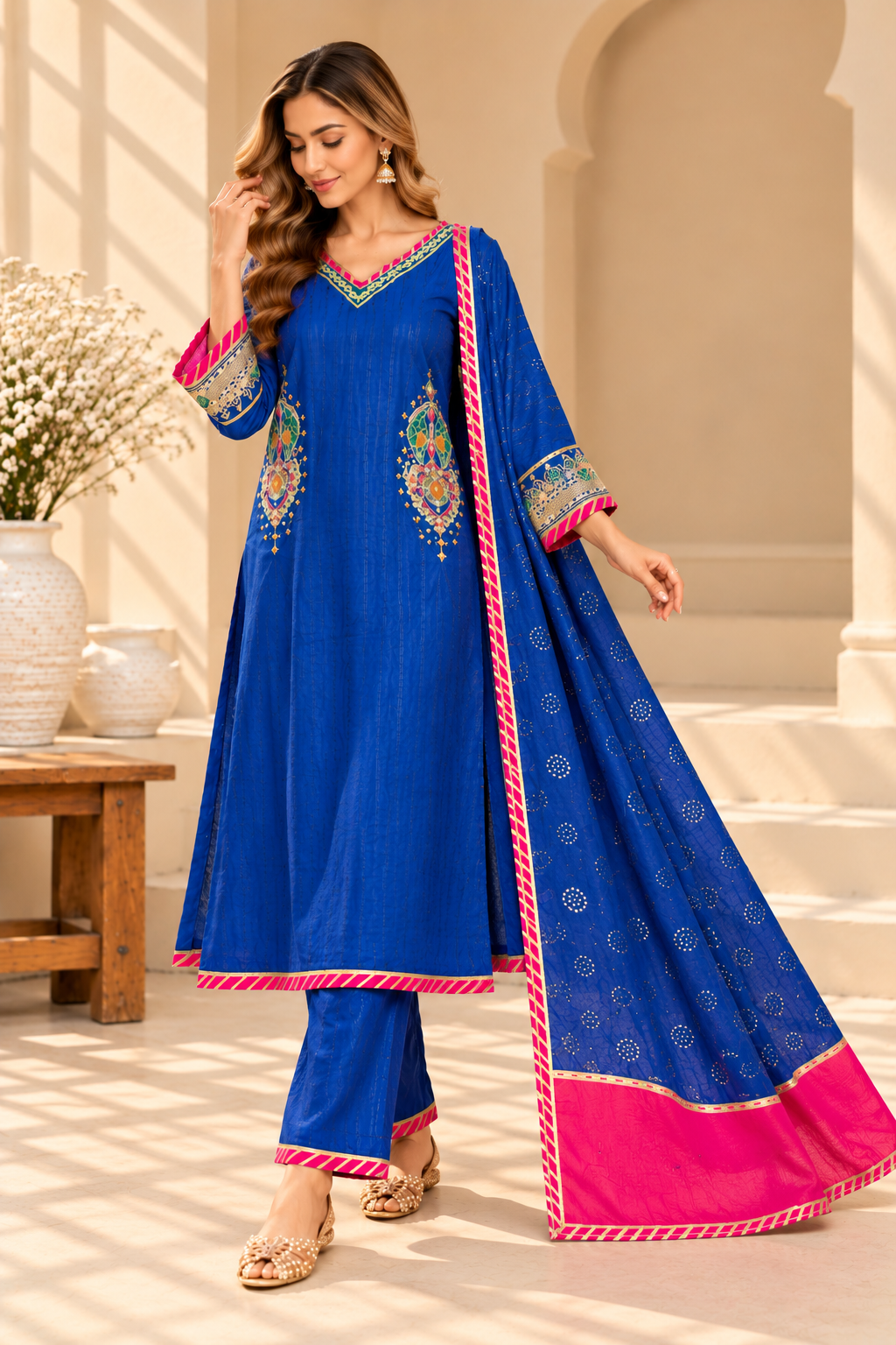 Blue & Pink Mul Chanderi Suit